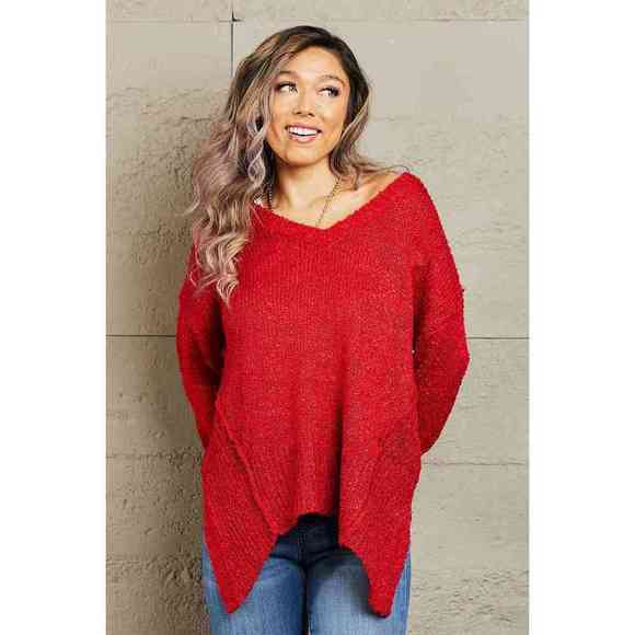 Heimish By The Fire Full Size Draped Detail Knit Sweater - Picture 4 of 5